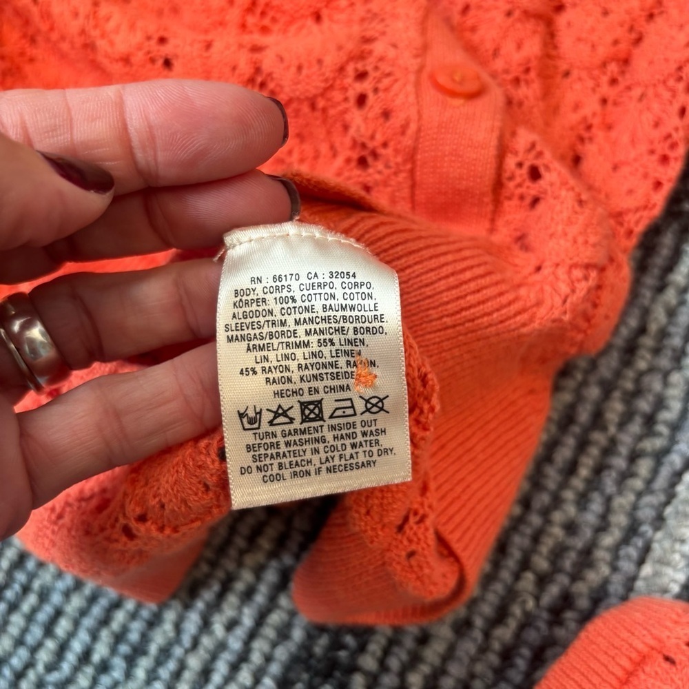Sparrow Medium Coral Orange Cardigan Open knit crochet button front - Picture 11 of 12